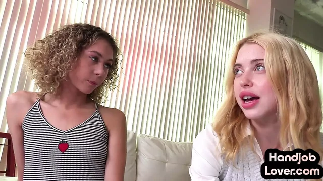 Petite HJ GF tugging BFs cock with BFF help in closeup