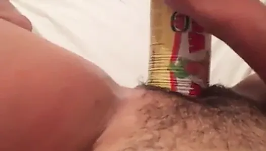 Jerking off a HAIRY pussy with a big stick of sausage