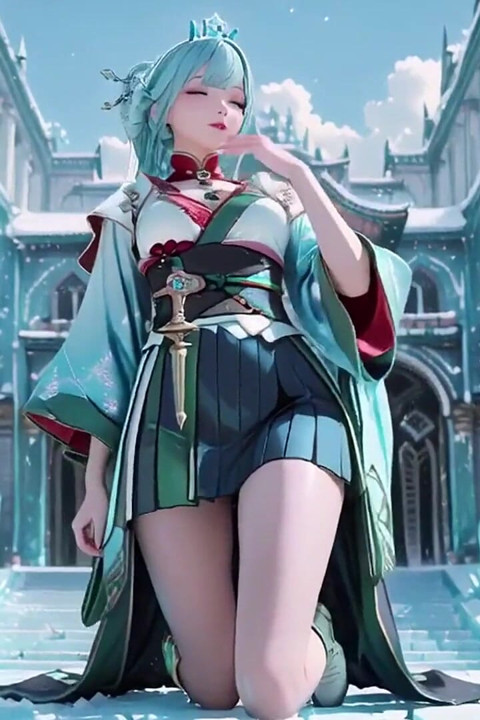 Ice Throne! Silver-haired Mage in Red-green Gown Kneeling, Blue-haired Partner Teasing in Realm!