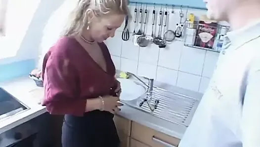 Hot milf in black lingerie kitchen fun