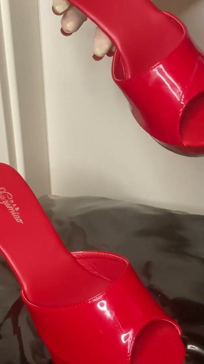 Cum on Red High Heel Mules | Clip 1
