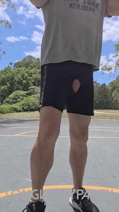 Straight uncut guy with cock out flashing at basketball courts