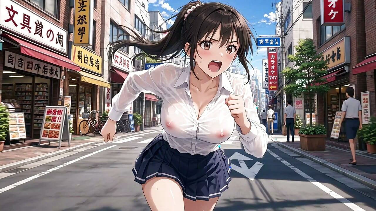 沿着熙熙攘攘的街道奔跑，衣服下暴露着她那对巨乳