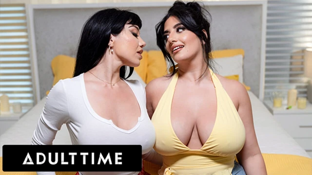 ADULT TIME - Busty Lesbians Sarah Arabic & Little Puck Oil Up Big Titties For SLOPPY LESBIAN FUCK!