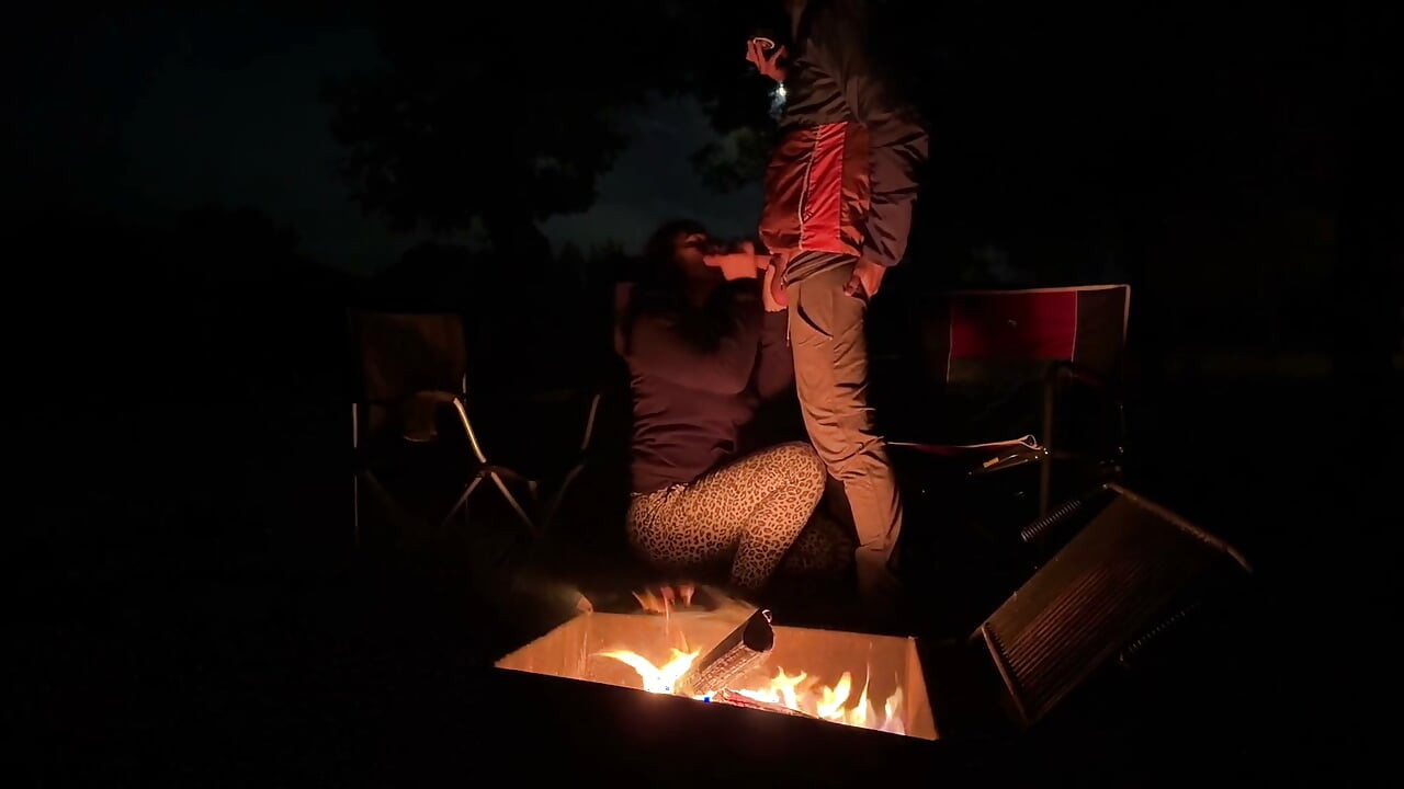 Wife caught masturbating in public restroom, then fucked by the campfire