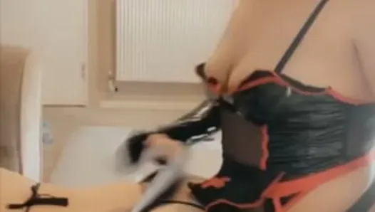 Mistress bends over her bitch boi and pegs his boi pussy