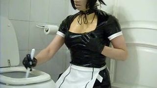 Slutty fetish sissy maid cleans the toilet