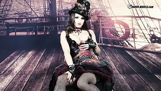 400 barbara bieber sebagai gadis bajak laut dengan kostum steampunk cosplay kapal