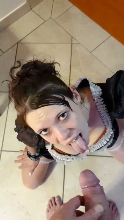 French maid gets pissed on while cleaning and cleans the mess showing her pussy and ass | Clip 1