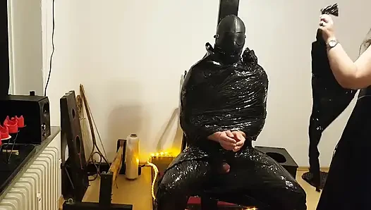 Foil Bondage Slave Bagian 2 - film cling mummified and edged to Madness