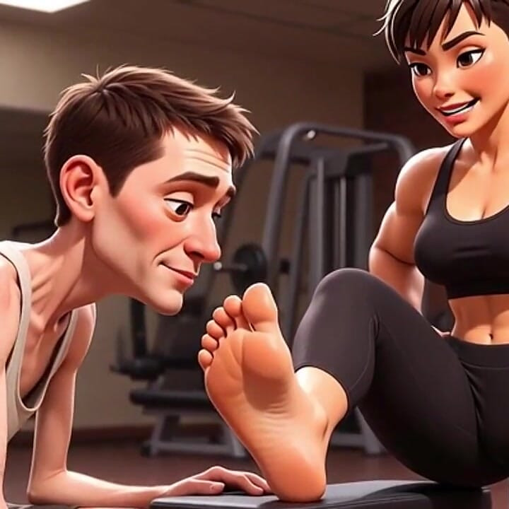 Mujer fuerte y musculosa hace que la esclava flaca se lame los pies