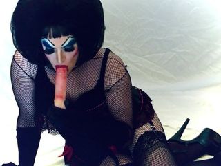 Trans fuck toy SlutDebra sucks and deep throats dildo
