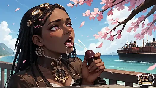 Die böse ebenholzgöttin gibt eine Kirschblüte DT am meer