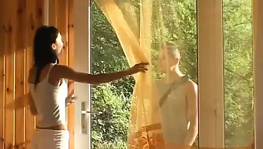 Horny stud banging sexy babe doggy style outdoors