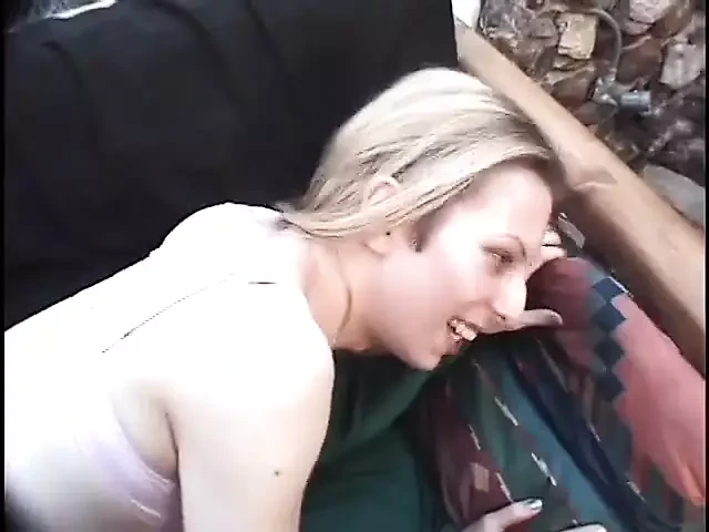 Blonde tranny with small boobs loves to ride a cock on the couch