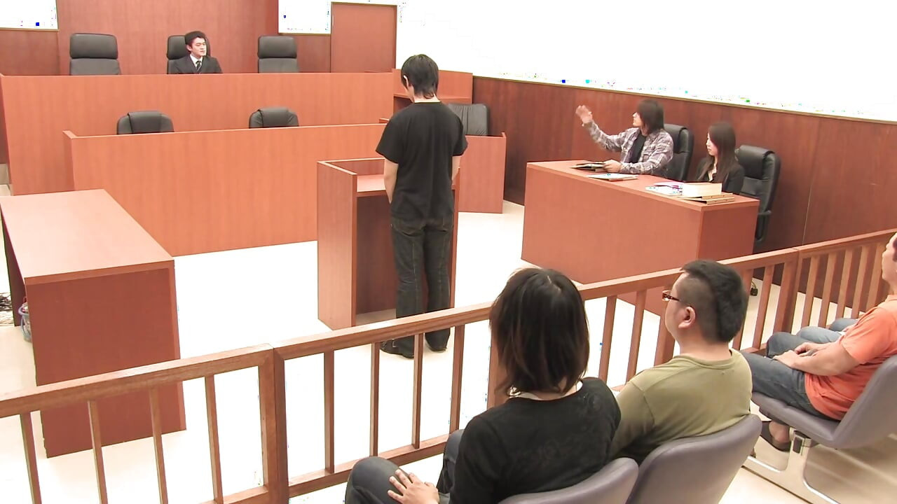 Horny Japanese Babe Gets Fucked by Three Hard Cocks in the Court Room