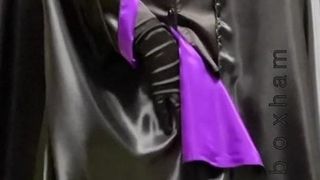 masturbation with black satin pleated skirt and blouse