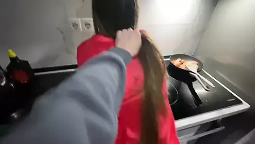 Fucking my stepsister in the kitchen while she cooks dinner for me