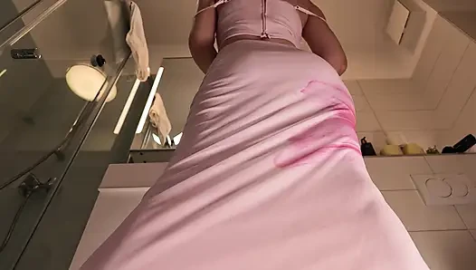 Incredibly hot sexy authentic big tits redhead in the bathroom in a long elegant night dress teases and flashes her private par