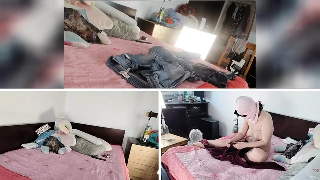 Amateur brunette tries on clothes and cuts them, hairy pussy, big ass.