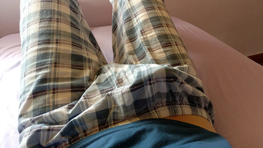 Twink cute boy throbbing dick under his plaid trousers pajama