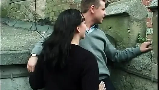 Straight couple do anal outdoors then stud cums on her cunt