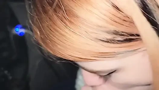 Cute babe gives my huge dick a hot blowjob in the car