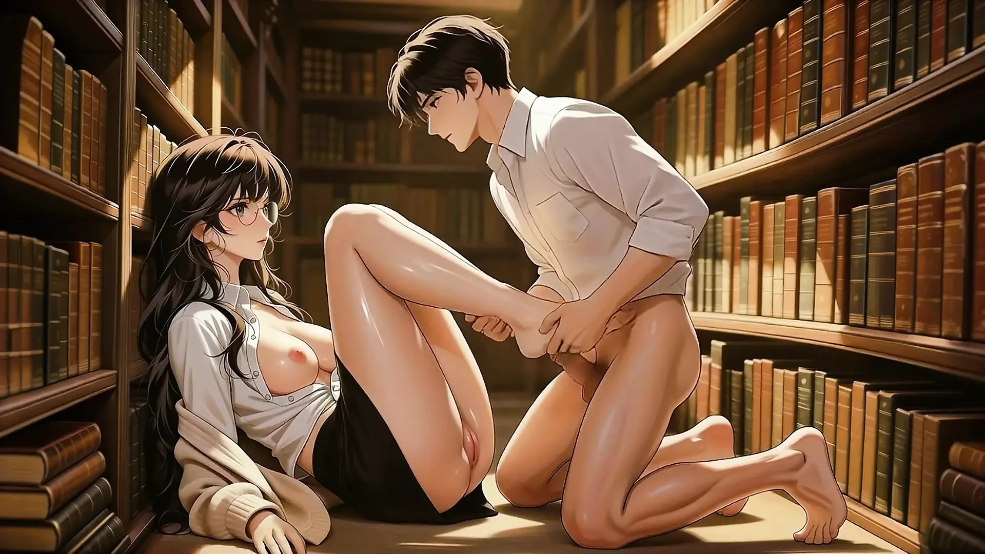 眼镜美女，图书馆的私人学习会议。超级诱惑。AI 生成