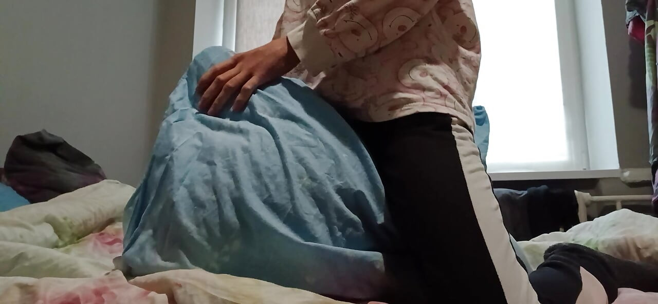 Super Skinny Girl Rubs Her Pussy on a Pillow and Cums Quickly so Her Parents Don't Catch Her