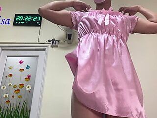SisK dressing up pink satin nightgown