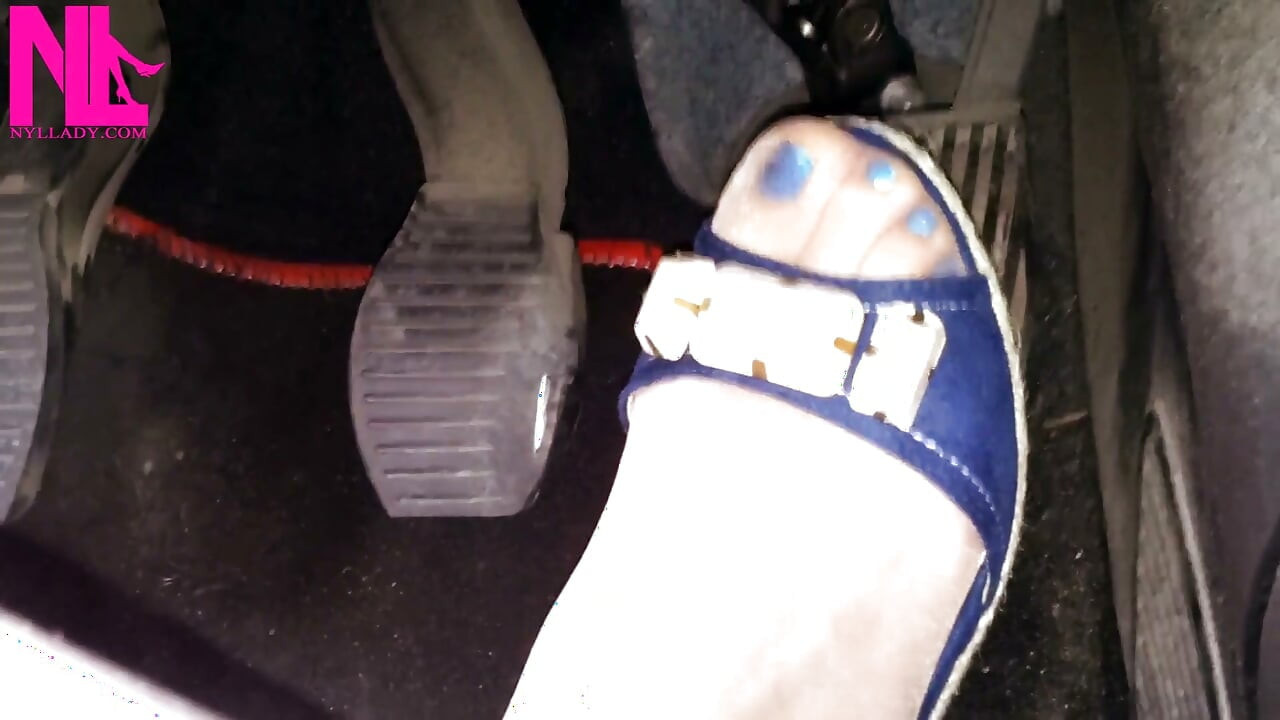 Driving and Revvig in Blue Wedges on My Hosed Feet