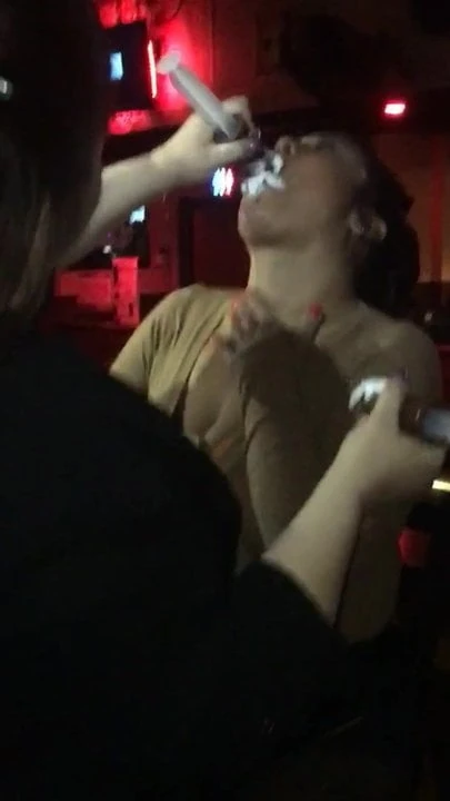 Girl deepthroats at Bar for cream