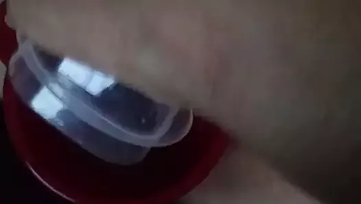 Dumping a cup of saved cum into her pussy