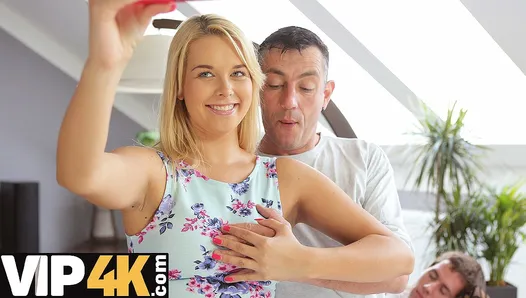 DADDY4K. Beauty with saggy tits cheats on resting BF with excited dad