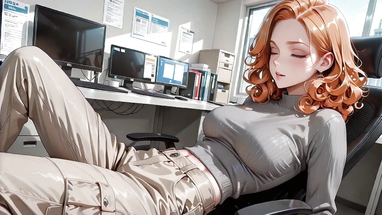 Senhora sexy do escritório de cabelo laranja não pode se segurar depois do trabalho! Tira traje profissional para vaqueira selvagem oleada