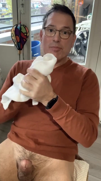 Jerking off and cumming in my orange sweater | Clip 1
