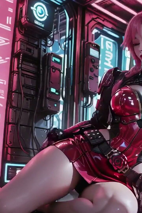 Pink-haired Mech Warrior! Kneeling in Neon Streets, Red Rose & Cold Armor Contrast.