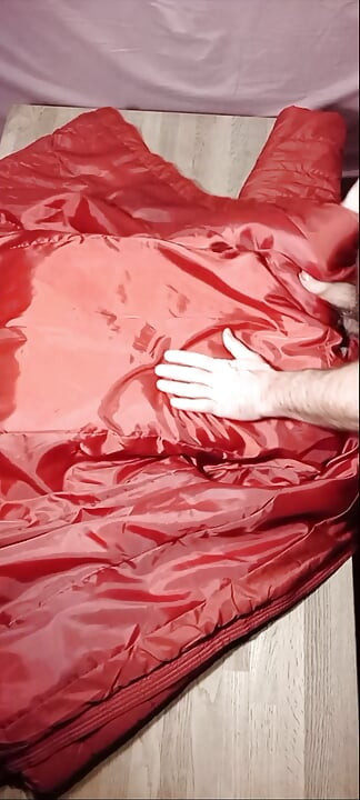 4 cumshots on the sweet lining of a red lady puffer coat