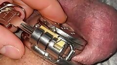 Close up flat chastity cage with urethral plug play