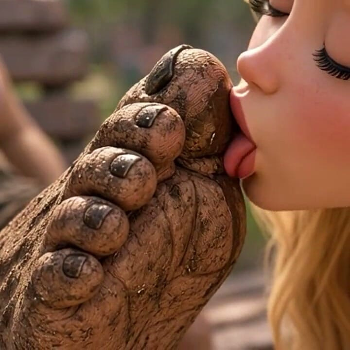 Woman Worships and Cleans Dirty Street Feet with Her Tongue