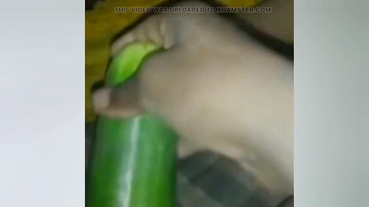 A young woman, suffering from the pain of not having her partner near her, is inserting a cucumber into her pussy.