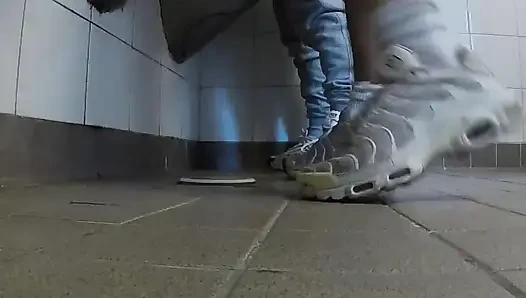 Amateur Boys in Sneakers Wank and Try Handjob in Public Toilets' Urinal