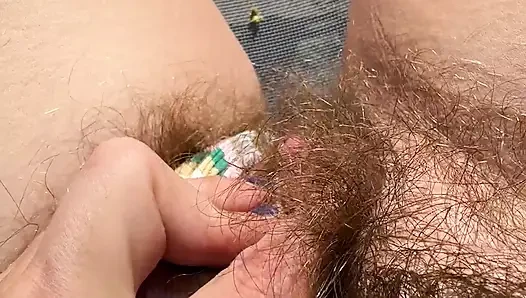 Amateur Hairy Girl Mastubates in Closeup with Huge Clit