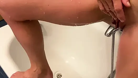 My sexy blonde bodybuilder milf wife sucks my cock after showering and then I cum in her pussy in the tub