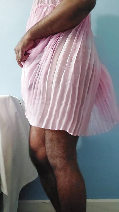 It feels so horny when masterbating in this silk seethrough fleard pleated chiffon pink skirt