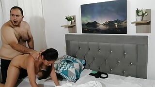 My lover fucks my pussy very hard on all fours in the hotel room