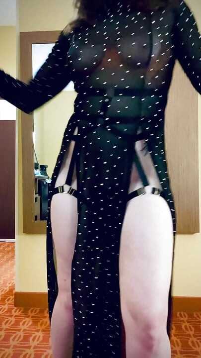 HOT brunette in see-thru dress and heels teases