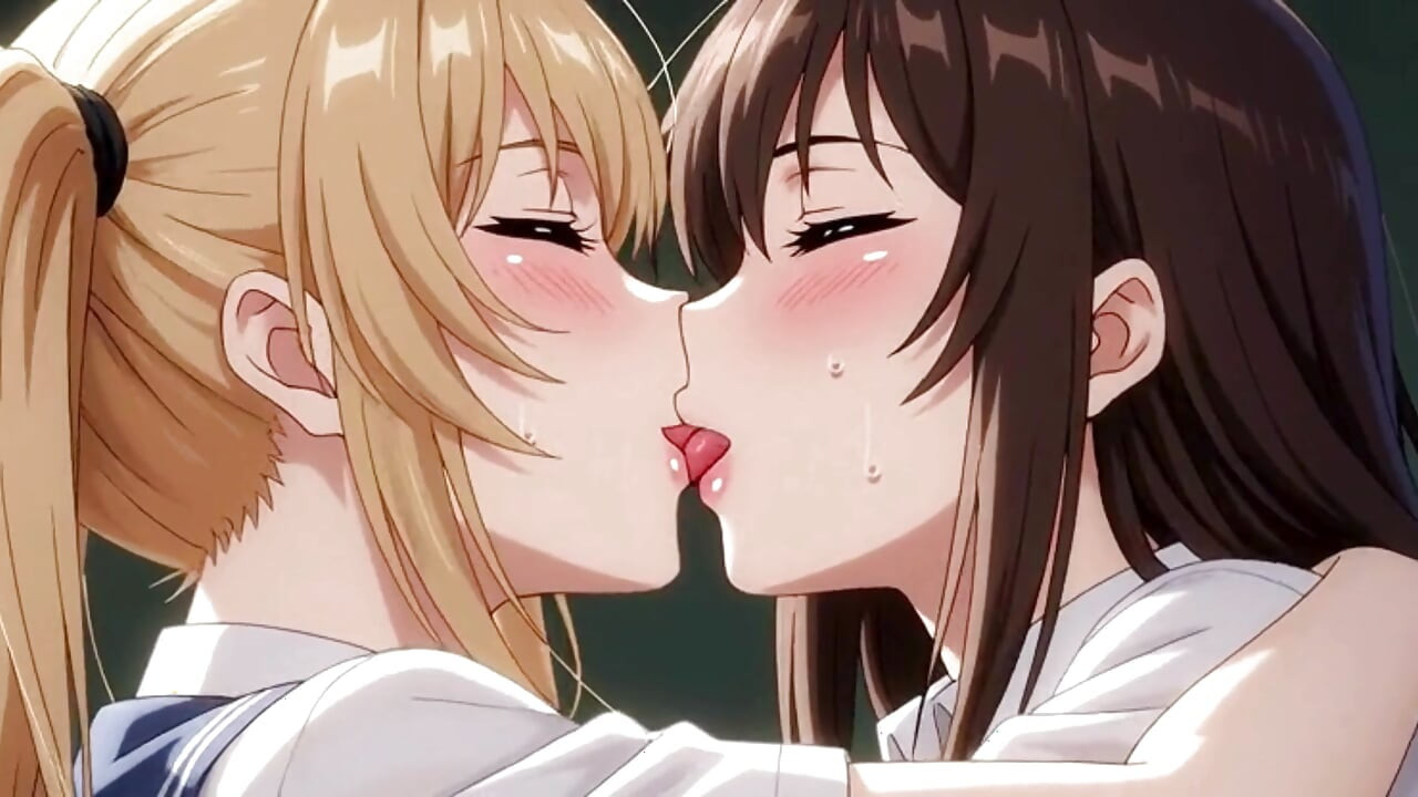Duas garotas de uniforme. Beijo quente