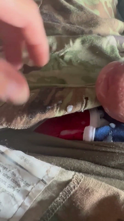 Army specialist jerks off in his uniform wearing a jock and wrestling singlet under the uniform | Clip 1
