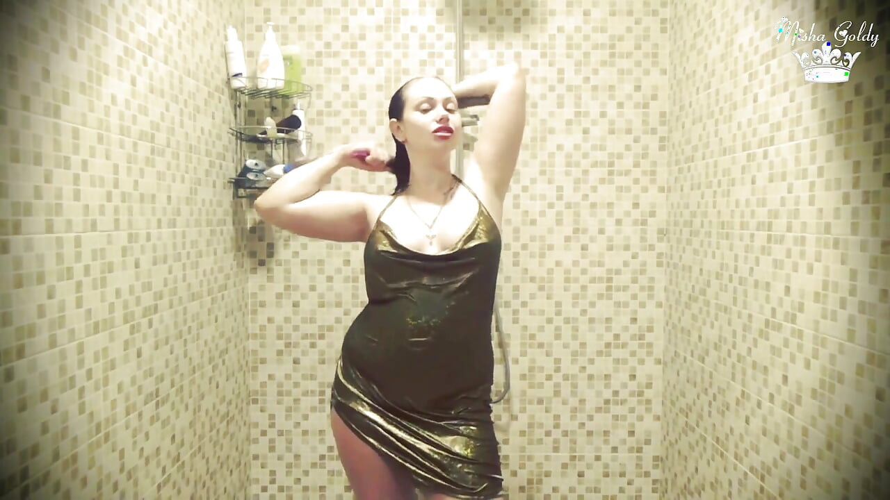 Dripping wet in clothes on shower & seductive hair washing